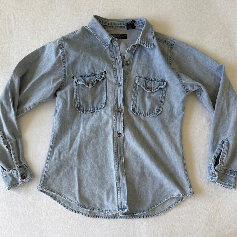 Andrew Jeans Co 90's Distressed Denim Button Down Shirt M/L Vintage - Picture 12 of 13